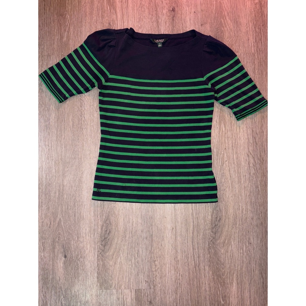 Lauren Ralph Lauren Navy Green Striped Boat Neck Puff Sleeve Top Size M